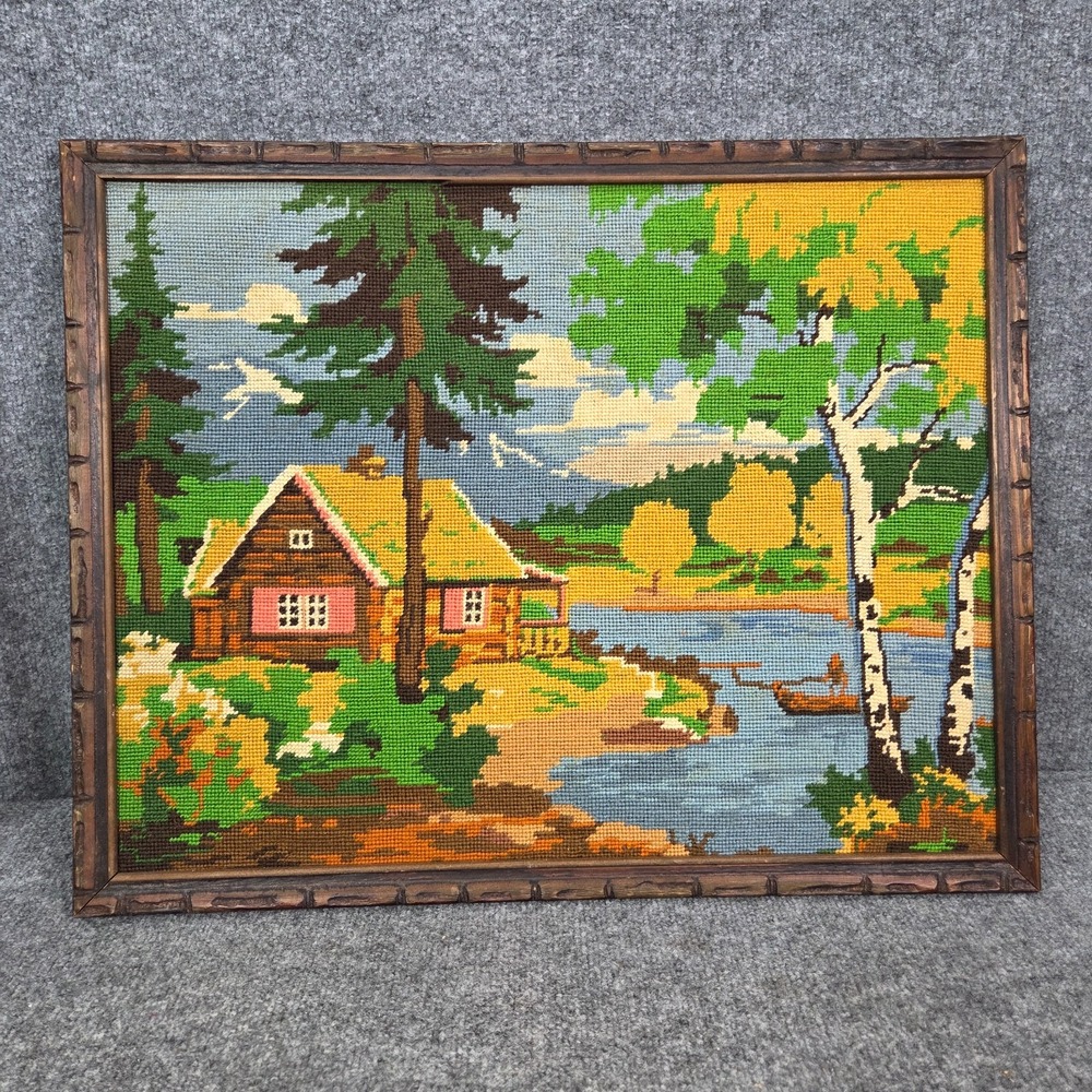 framed needlepoint log cabin and lake fisherman woods Cottagecore 19X24 Large